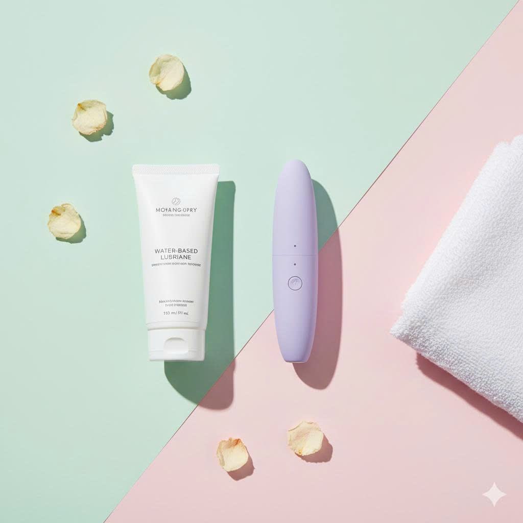 Hình ảnh các vật dụng cần thiết cho việc tự sướng an toàn: gel bôi trơn gốc nước và máy rung nhỏ gọn.